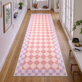 Checkered Washable Rug Runners for Hallways Non Slip,2x7 Black Kitchen Bathroom Runner Rug (Color: Pink)