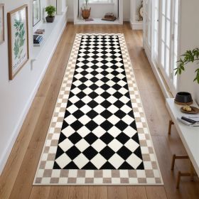 Checkered Washable Rug Runners for Hallways Non Slip,2x7 Black Kitchen Bathroom Runner Rug (Color: Black)
