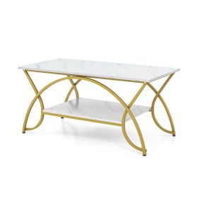 2-Tier Faux Marble Coffee Table with Marble Top and Metal Frame (Color: Golden)