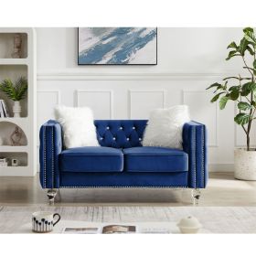 Velvet Upholstery Tufted Sofa Crystal Feet Loveseat Removable Cushion (Color: Navy Blue)