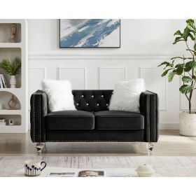 Velvet Upholstery Tufted Sofa Crystal Feet Loveseat Removable Cushion (Color: Black)