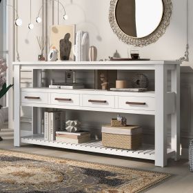 62.2'' Modern Console Table Sofa Table for Living Room with 4 Drawers and 2 Shelves (Material: Solid Wood+MDF, Color: White)