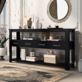 62.2'' Modern Console Table Sofa Table for Living Room with 4 Drawers and 2 Shelves (Material: Solid Wood+MDF, Color: Black)