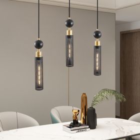 25" Modern Black and Gold 3-Light Pendant Chandelier, Adjustable Hanging Lights with Cylindrical Mesh Shades, E26 Base, Ideal for Dining Room (Color: as Pic)