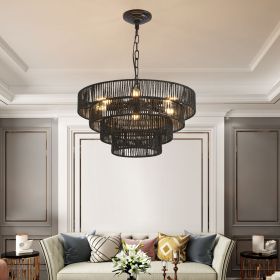 20" Rustic 4-Tier Black Hemp Rope Pendant Light Chandelier with 6 E12 Sockets, Handmade Tiered Boho Ceiling Light Fixture for Dining Room, Kitchen (Color: as Pic)