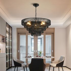 24" Rustic 5-Tier Black Hemp Rope Pendant Light Chandelier with 8 E12 Sockets, Boho Farmhouse Ceiling Fixture for Dining Room, Kitchen (Color: as Pic)