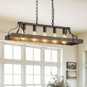34-Inch Black Gold Vintage Pendant Light, 5 E26 Bulb Sockets, Adjustable Chain Height – Antique Style Chandelier for Dining Room, Kitchen (Material: Iron, Color: Black+Gold)