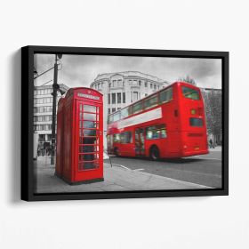 Red phone booth and red bus Floating Framed Canvas (Color: Black, size: 36" x 24" / 90cm x 60cm (approx))
