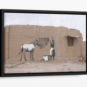 Banksy Washing Zebra Stripes Floating Framed Canvas (Color: Black, size: 24" x 16" / 60cm x 40cm (approx))