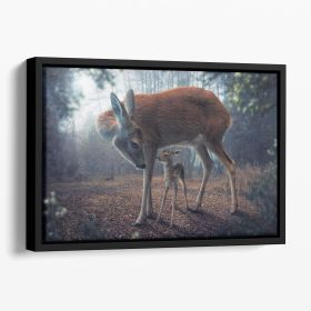 Mother and Fawn Floating Framed Canvas (Color: Black, size: 12" x 8" / 30cm x 20cm approx)