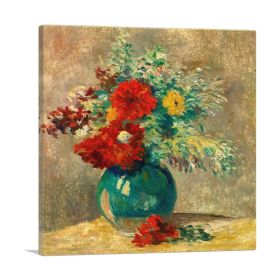 Green Vase With Multicolor Flowers Village Near River (Type: Standard Framed Canvas Print, size: 36" x 36" / 90cm x 90cm (approx))