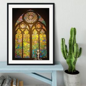 Banksy Stained Glass Window Framed Print (Color: Natural/No White Edging, size: 36" x 24" / 90cm x 60cm (approx))