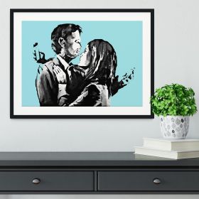 Banksy Mobile Lovers Light Blue Framed Print (Color: White/No White Edging, size: 36" x 24" / 90cm x 60cm (approx))